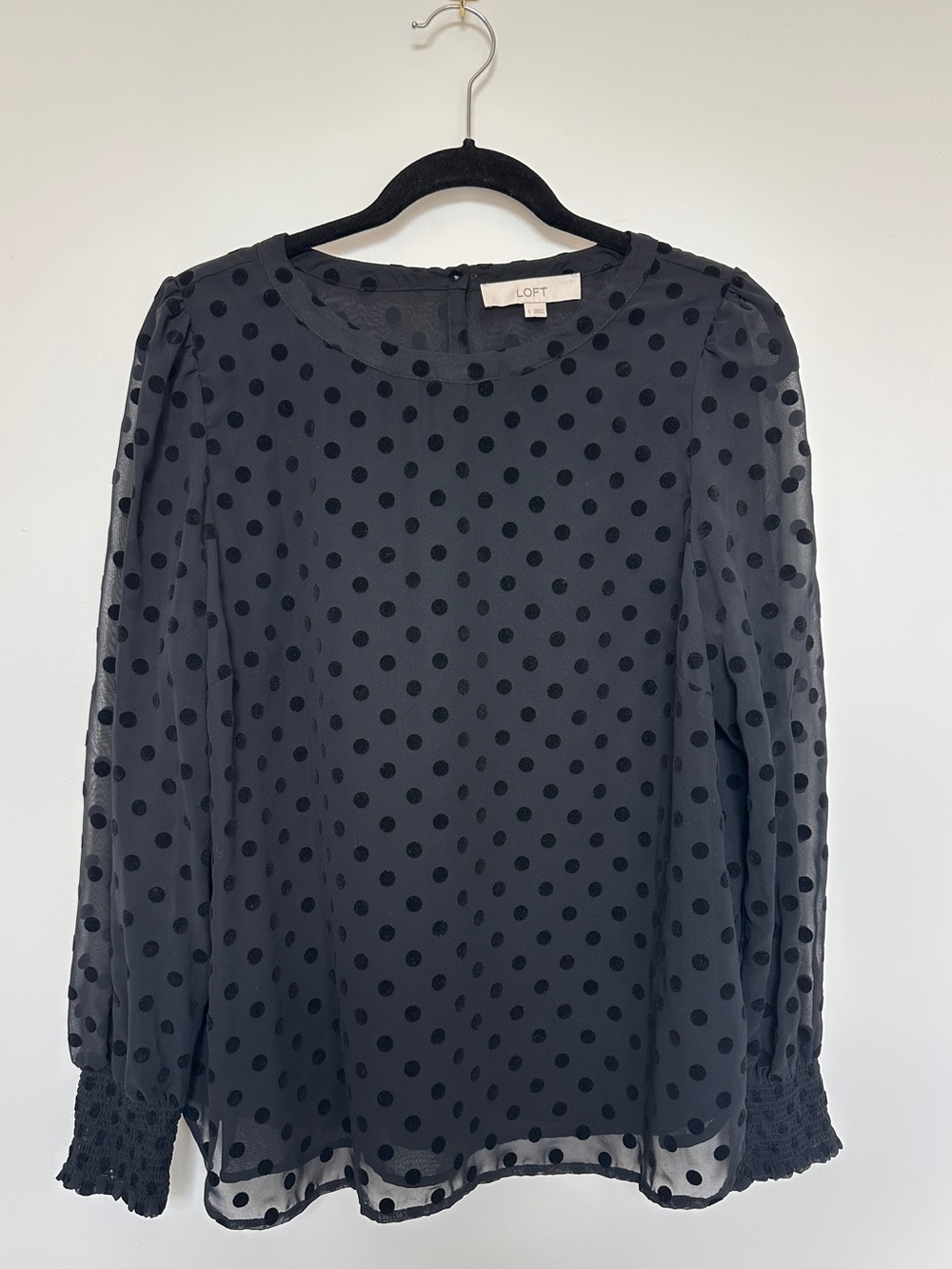 LOFT Black Sheer Polka Dot Blouse with Smocked Cuffs